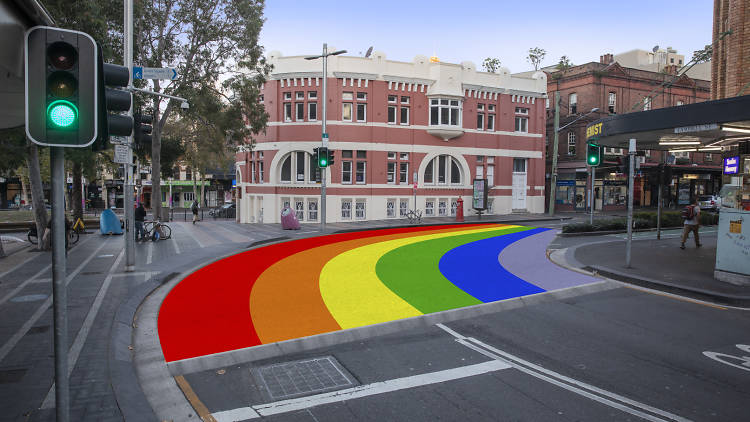 Artist impression of the proposed rainbow crossing on Bourke Street, Surry Hills near Oxford Street