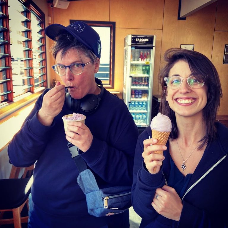 Hannah Gadsby eating ice cream with wife