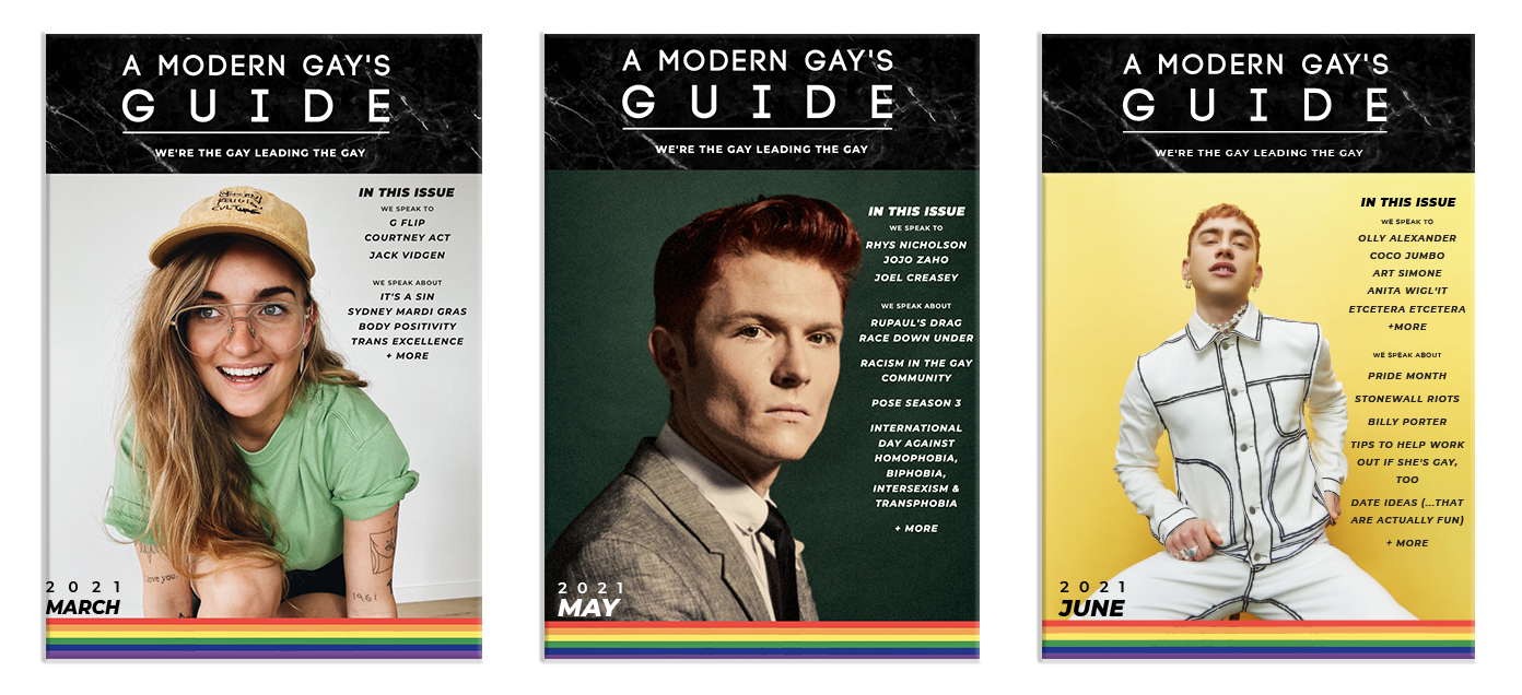 Three Modern Gay's Guide Magazines Side by Side